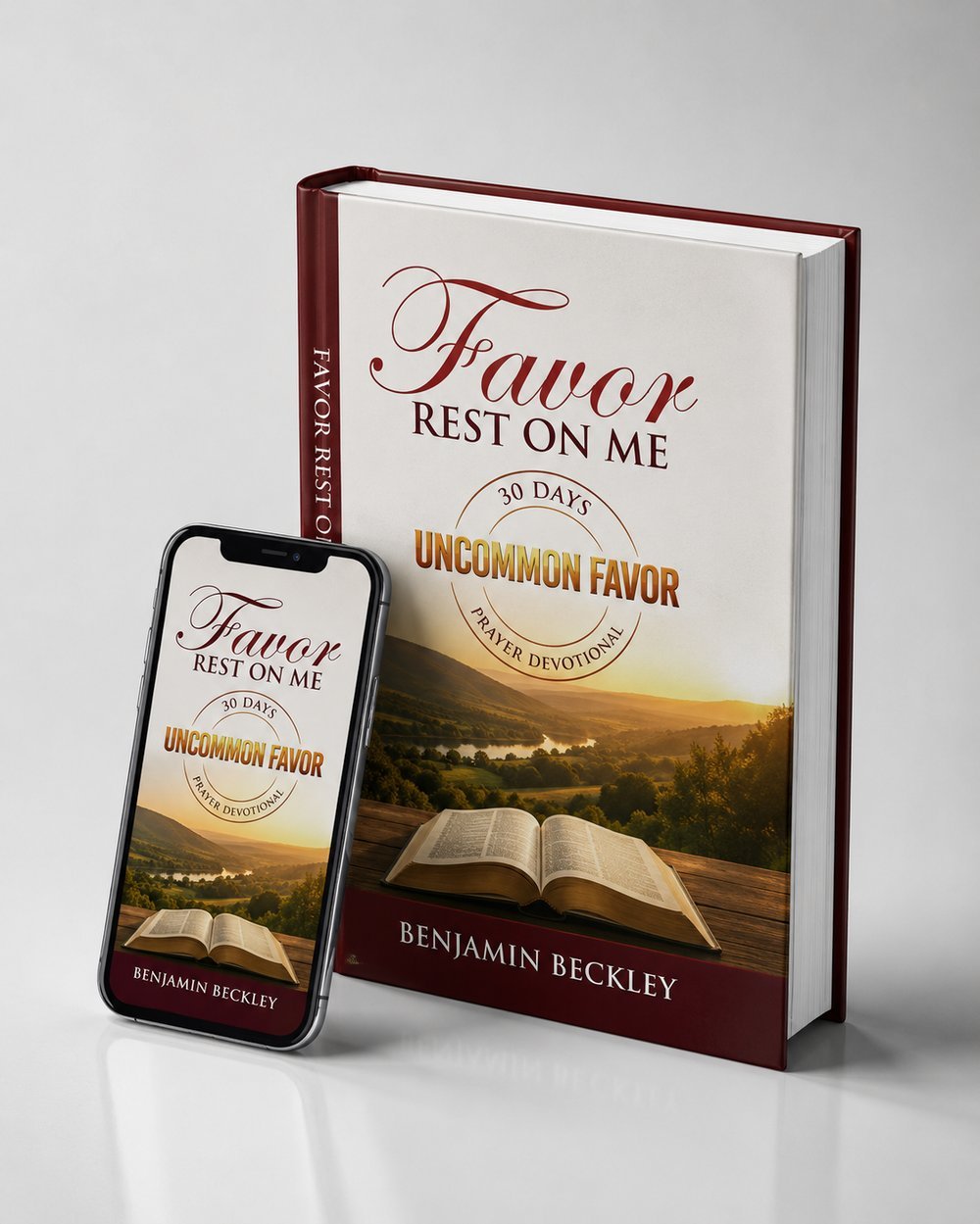 Favor Rest on Me app on phone next to the book
